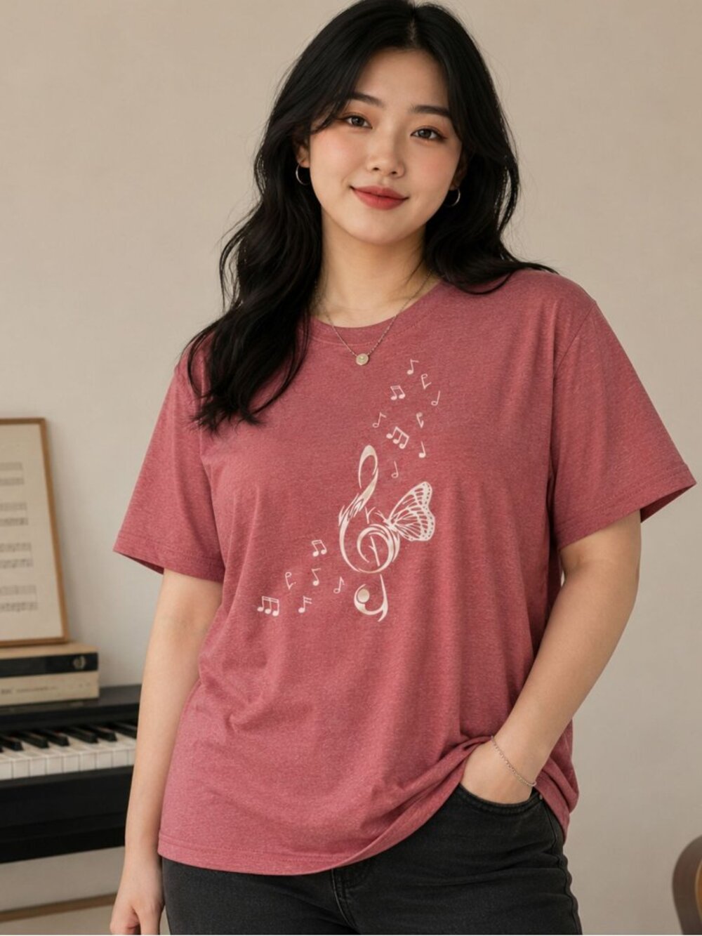 Butterfly Music Tee Womens XL Rose Treble Clef Music Lover Shirt Casual Top